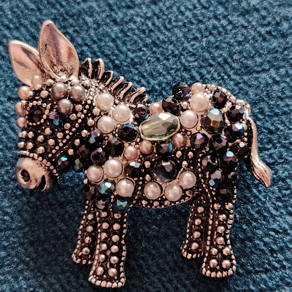 Silver and Embellished Stones Costume Donkey Brooch Pin